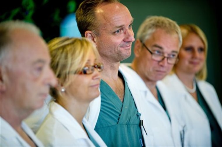 From left specialist surgeons Andreas G Tzakis, Pernilla Dahm-Kähler, Mats Brannstrom, Michael Olausson and Liza Johannesson attend a news conference Tuesday Sept. 18, 2012 at Sahlgrenska hospital in Goteborg Sweden. 